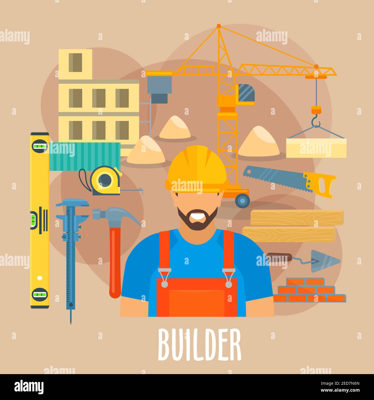 Builder profession poster. Vector worker man in uniform and safety helmet with building and constriction work tools and items level ruler, micrometer Stock Vector