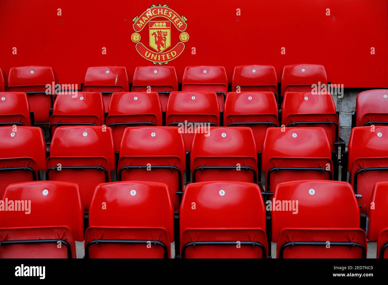 Soccer Football - Premier League - Manchester United v Chelsea - Old Trafford, Manchester, Britain - August 11, 2019 General view of the Manchester United crest inside the stadium before the match REUTERS/Phil Noble EDITORIAL USE ONLY. No use with unauthorized audio, video, data, fixture lists, club/league logos or "live" services. Online in-match use limited to 75 images, no video emulation. No use in betting, games or single club/league/player publications. Please contact your account representative for further details. Stock Photo