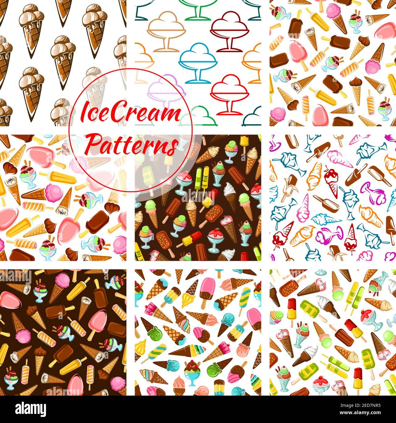 Ice cream patterns of ice cream assortment, scoops in glass bowl and wafer cones, sweet