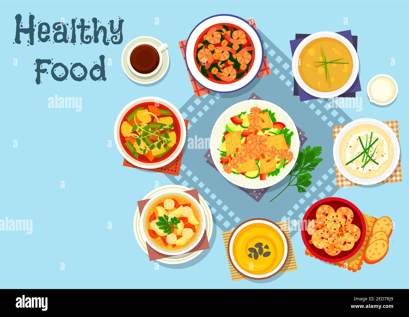 Rich soup and seafood dishes icon of vegetable mango salad with grilled shrimp, soups with carrot, bean, meatball, potato, cauliflower and cream, shri Stock Vector