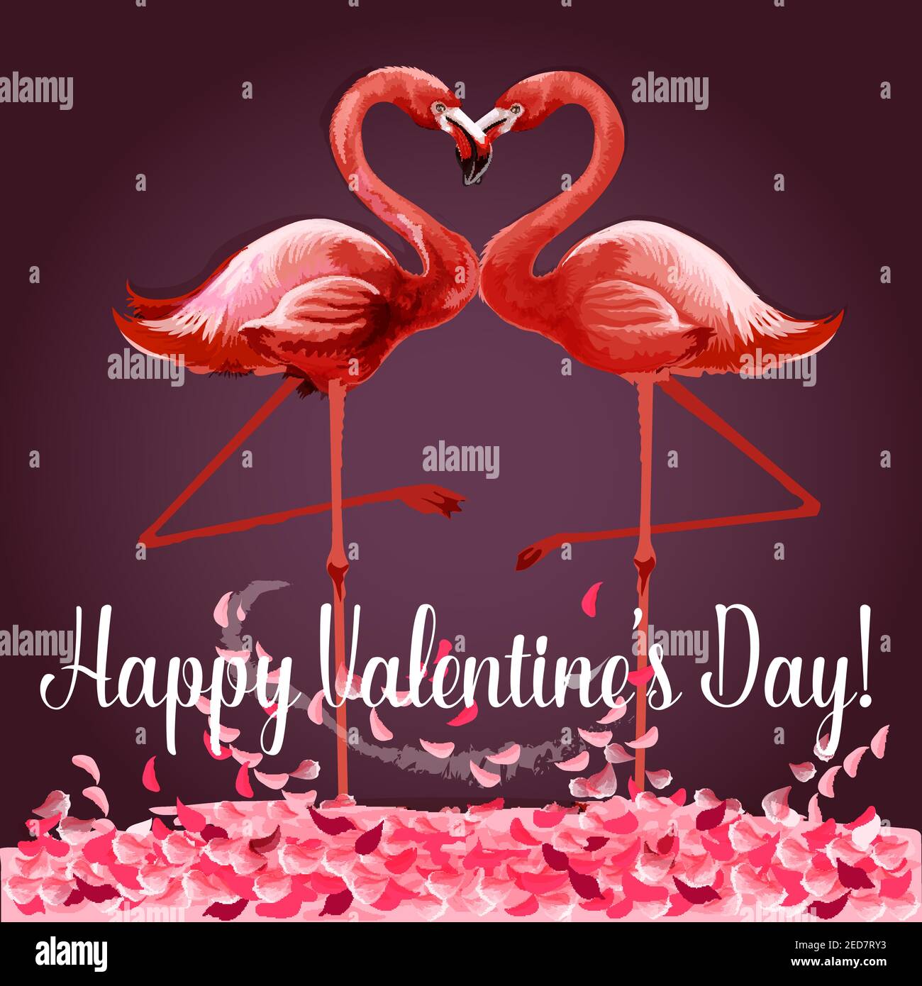 Love and Valentine Day card. Romantic pink flamingo birds join heads to create a heart. Greeting card with love birds and rose flower petals. Festive Stock Vector