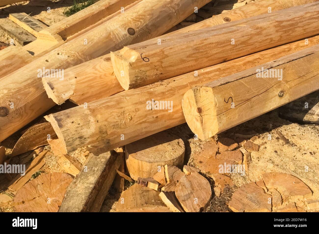 Drying and assembly of a wooden log house at a construction base