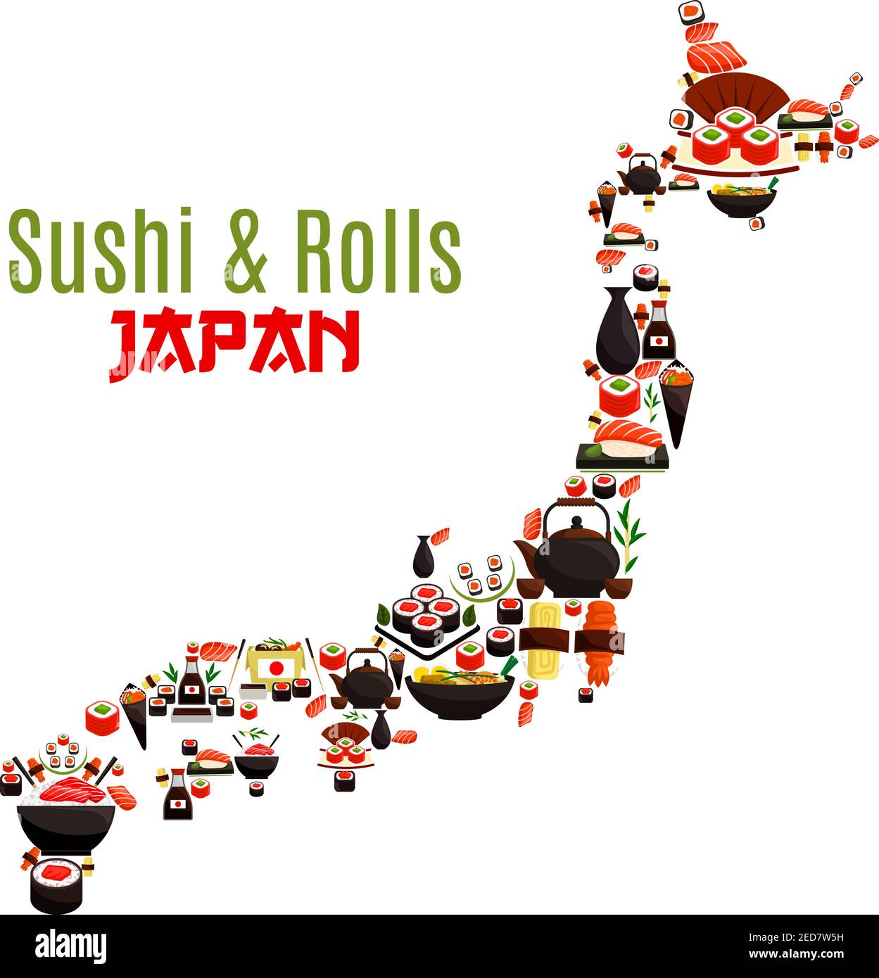 Sushi, sashimi and seafood rolls in Japan map. Japanese cuisine symbol