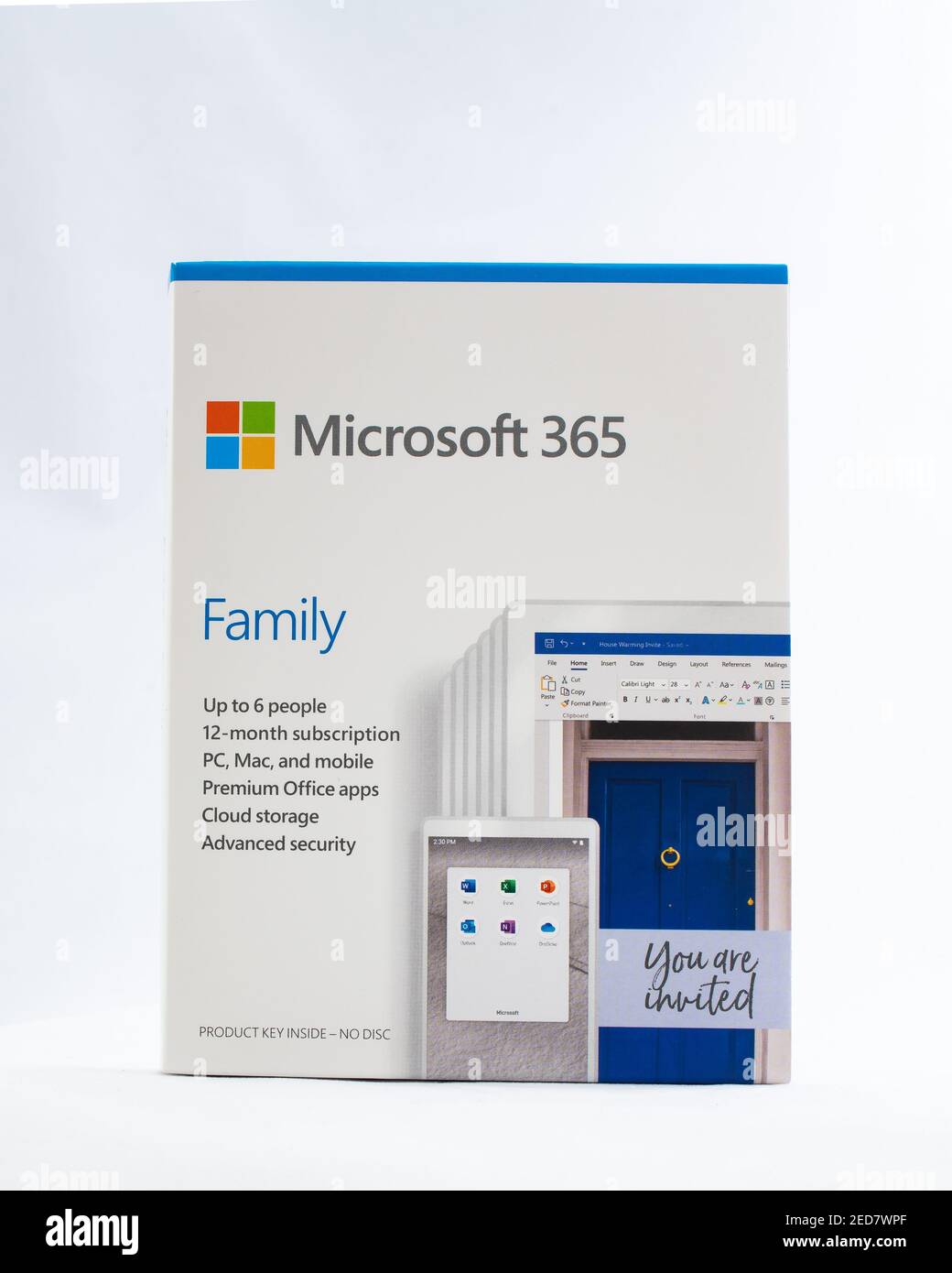 A package for Microsoft 365 Family computer software, s 12 month subscription for 6 people for a PC or Mac. Stock Photo