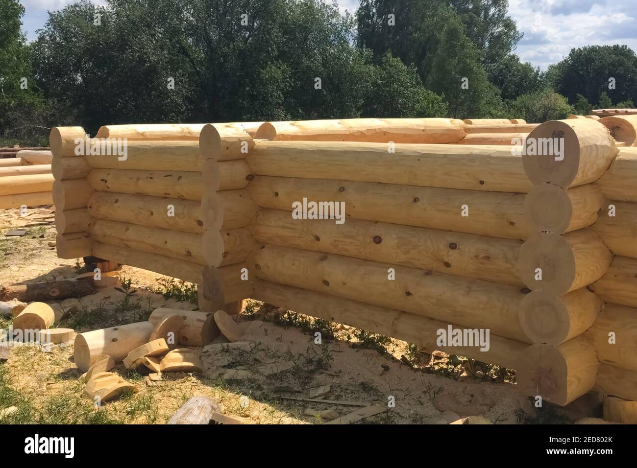 Drying and assembly of a wooden log house at a construction base