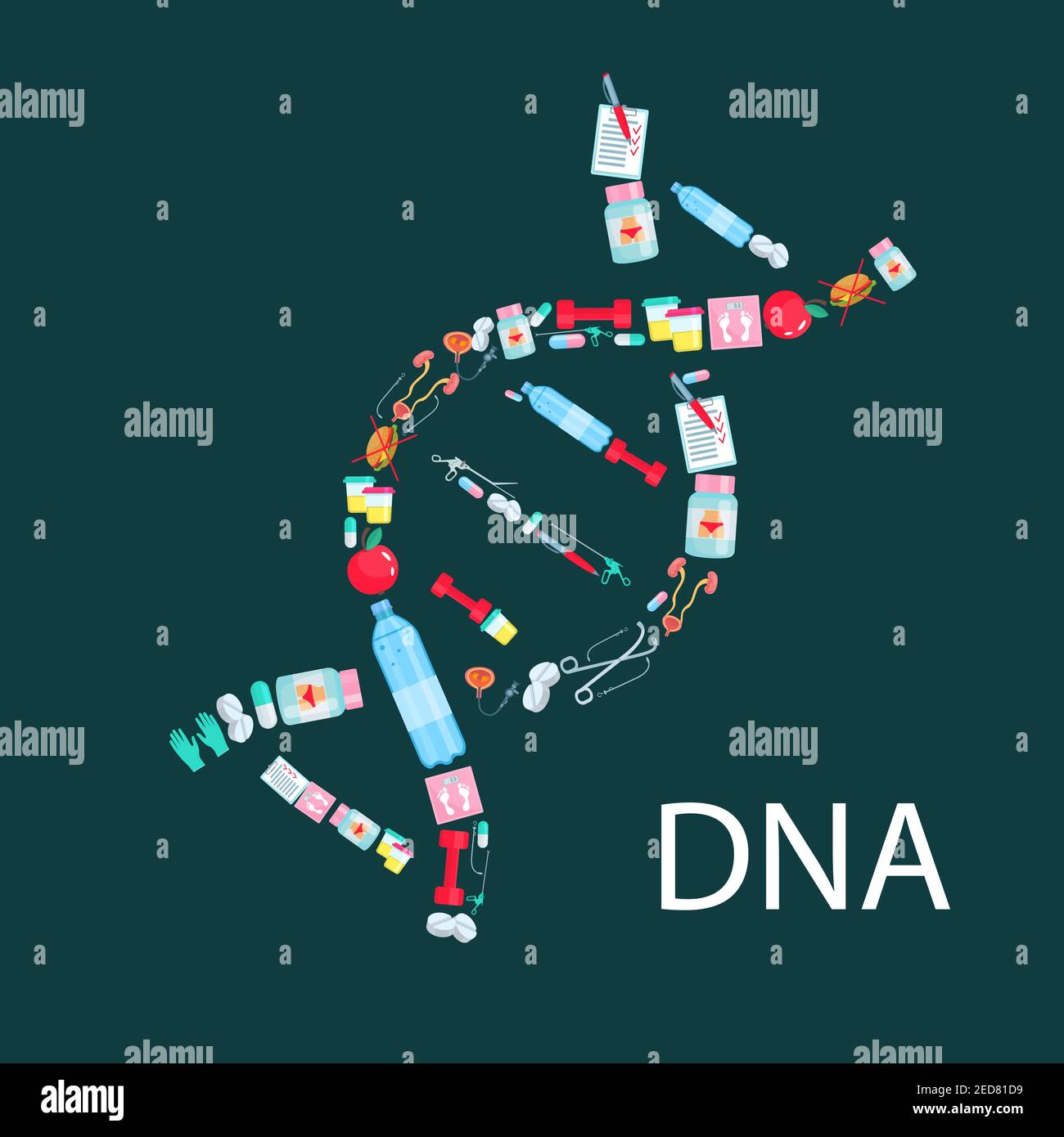 DNA icon made of healthy lifestyle and medical items. Water bottle and ...