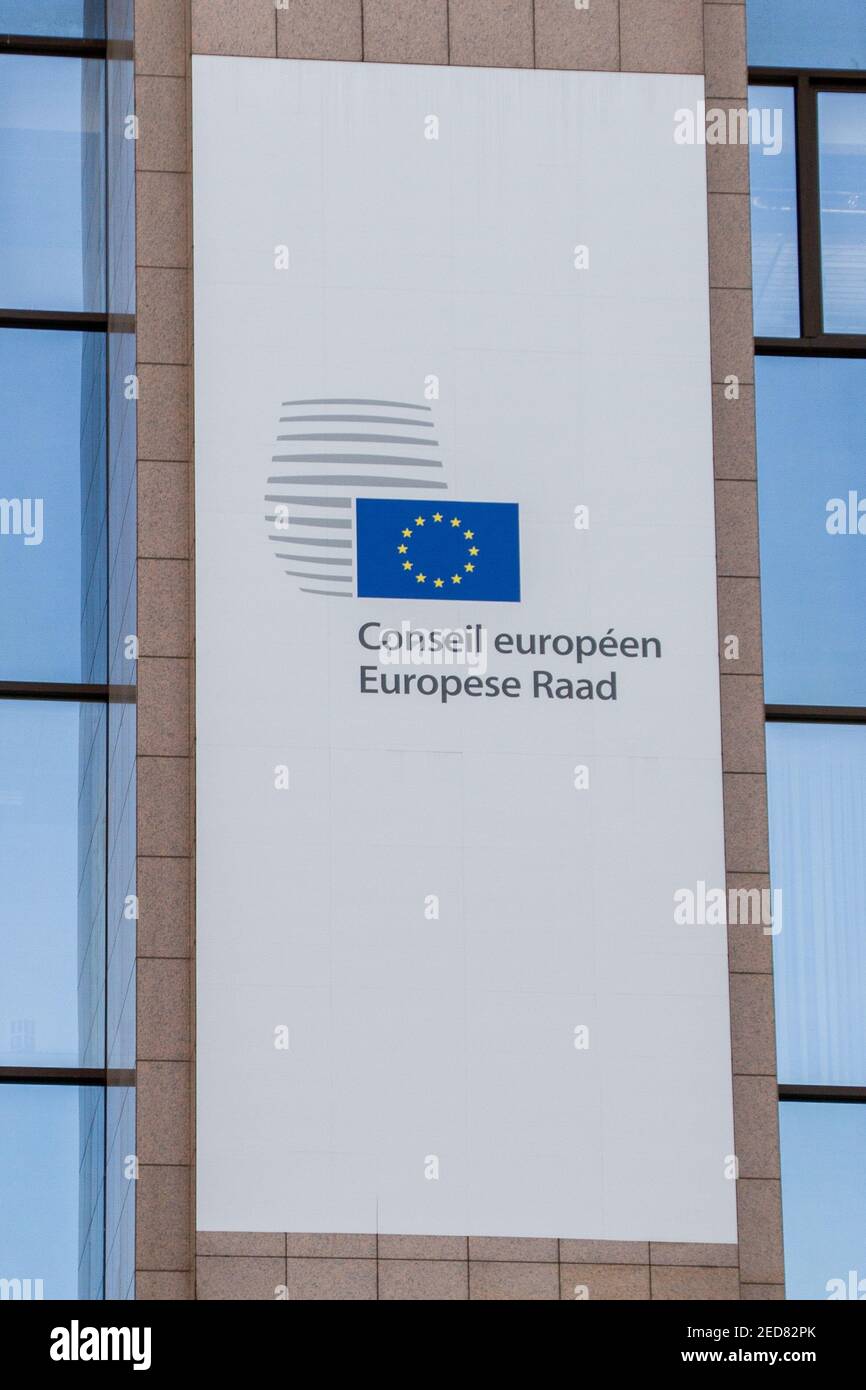Belgium, Brussels, Facade of the European Council, Concilium. The European Council is an institution which brings together the heads of state or heads Stock Photo
