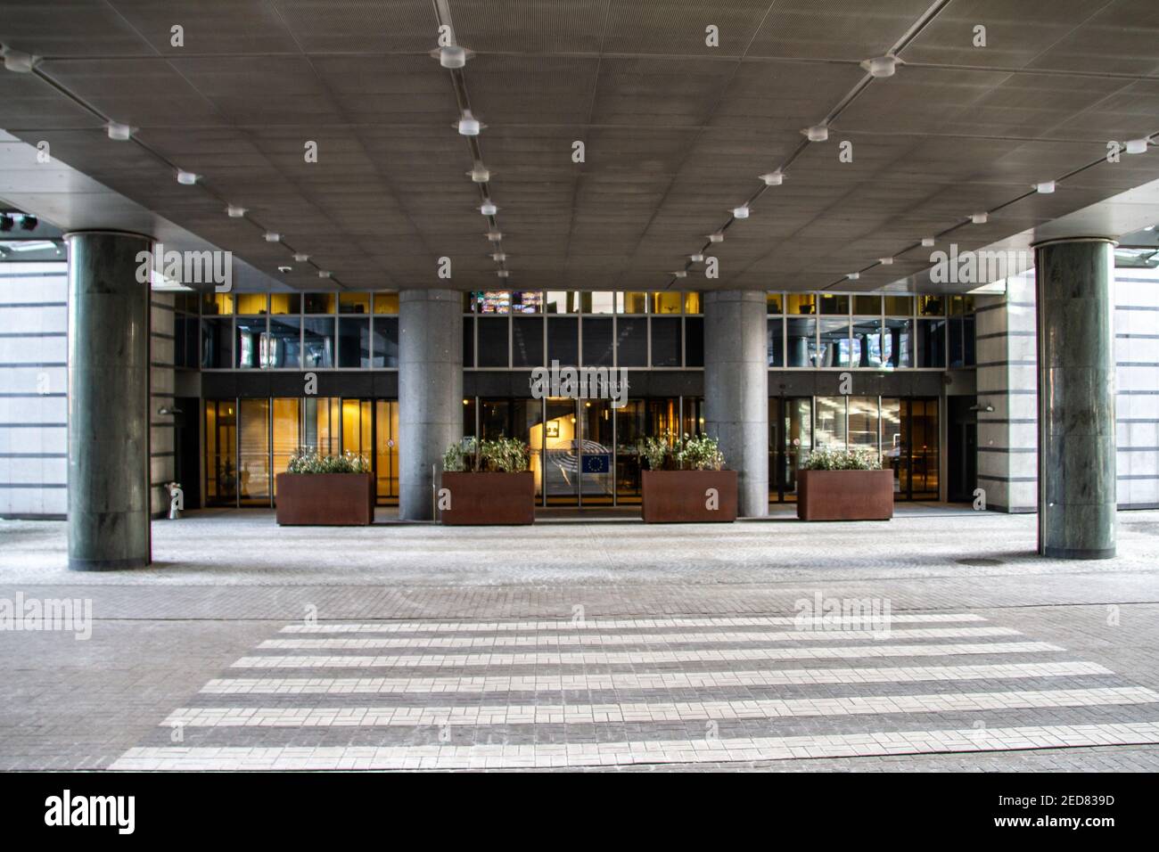 Belgium, Brussels, Entrance to the Paul-Henri-Spaak building - abbreviated PHS - is a workplace of the Parliament of the European Union in Brussels. Stock Photo