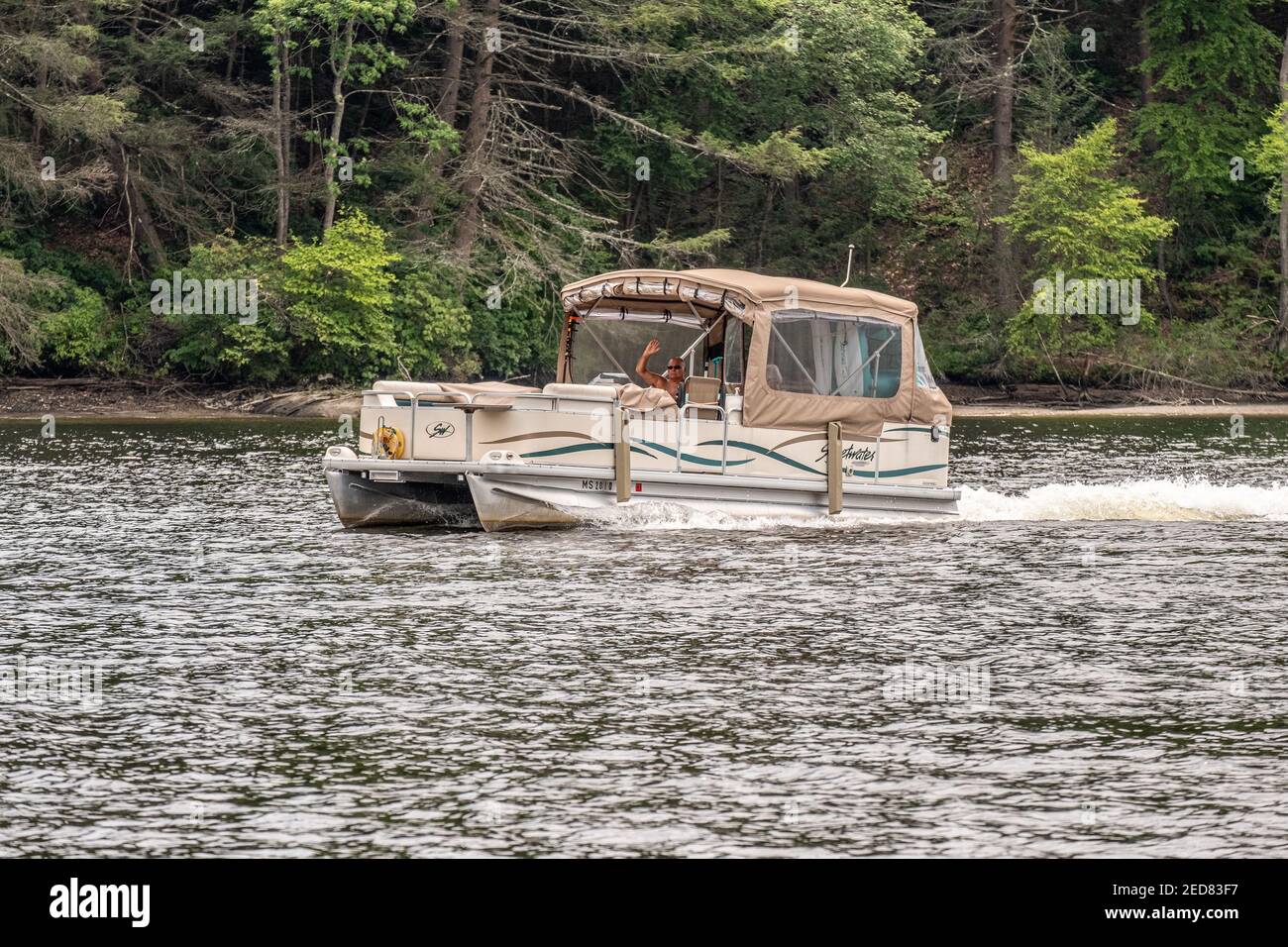A boat on the Connecticut River in Turners Falls, Massachusetts Stock Photo