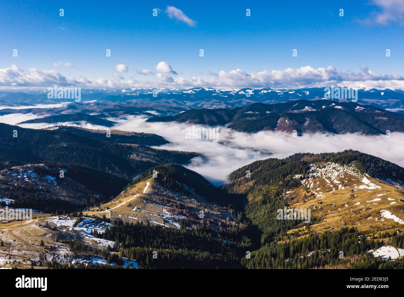 Morning in the mountains. Carpathian Ukraine, Aerial view Stock Photo ...