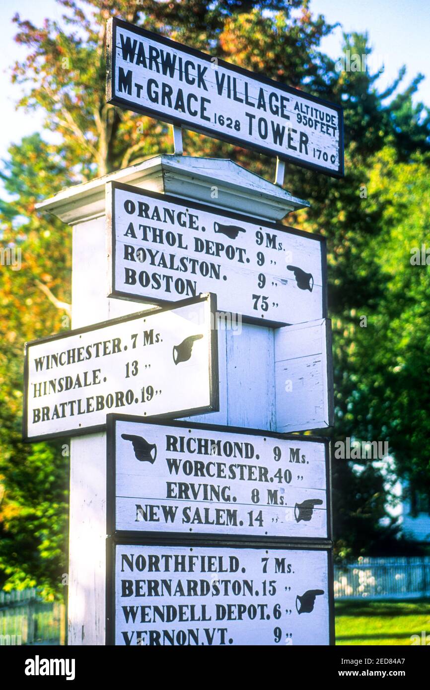 An old street sign in the center of Warwick, Massachusetts Stock Photo