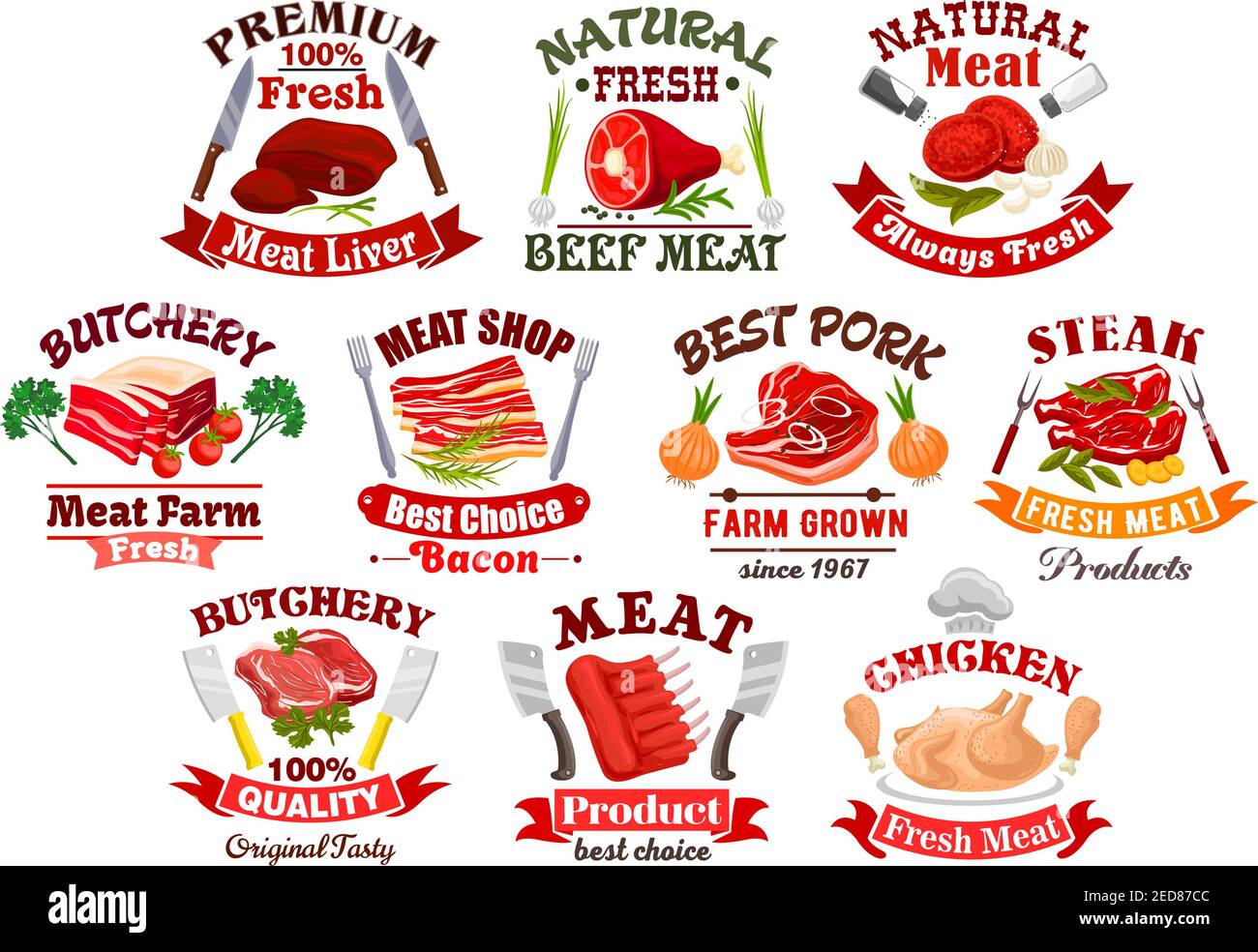 Icons of meat products like chicken on plate and beef steak, bacon with leaf and lamb or cow meat with onion and spices, forks and knives, solnice and Stock Vector