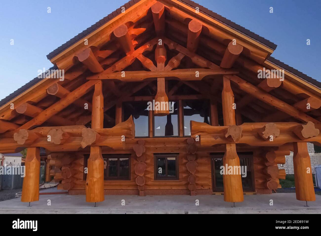 Details and elements of a wooden house made of timber. The construction