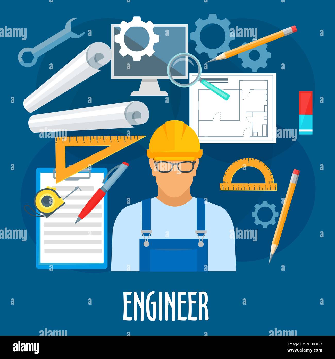 Engineer profession poster. Vector builder worker man in uniform with glasses and safety helmet with building engineering and constriction work tools Stock Vector