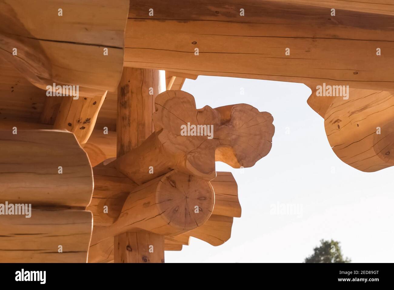 Details and elements of a wooden house made of timber. The construction