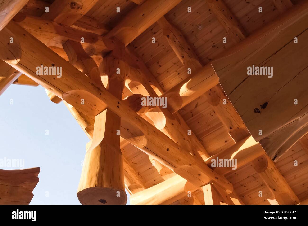Details and elements of a wooden house made of timber. The construction