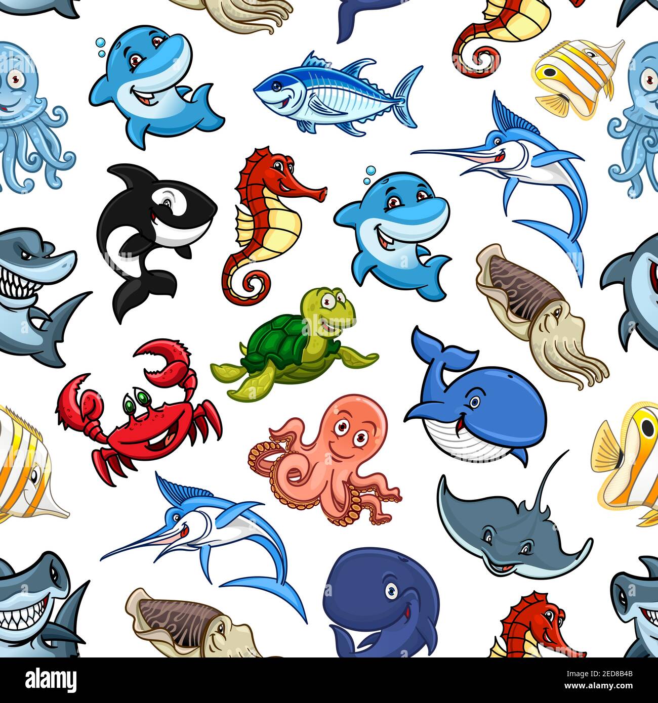 Sea animals and cartoon ocean fishes seamless pattern of vector whale, shark and dolphin, octopus and squid, turtle and stingray, hammerhead and sword Stock Vector