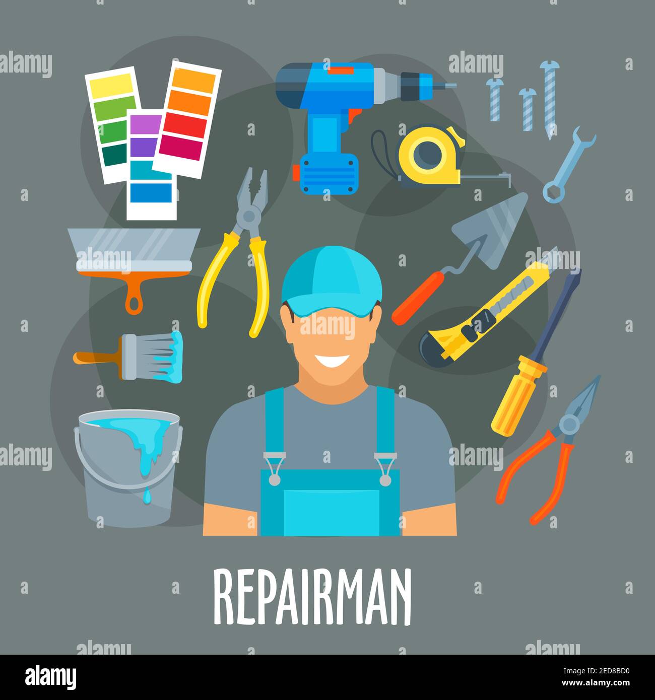 Repairman, painter or finisher worker man in uniform with painting, finishing or home repair work tools or items electric drill, trowel, pliers, paint Stock Vector