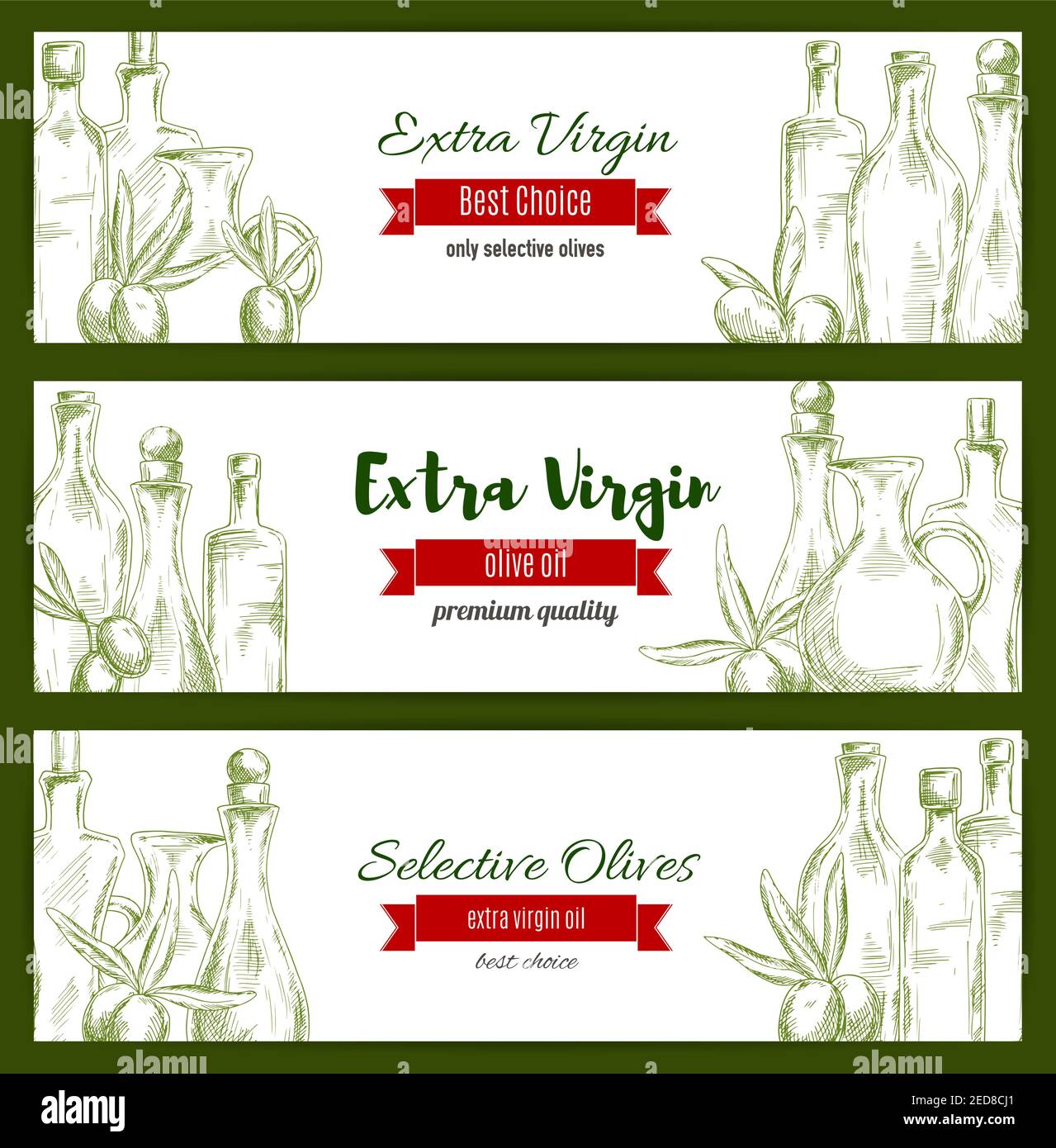 Olives and olive oil sketch. Banners set of green olive branches and oil bottles. Vector sketched design for extra virgin olive oil label. Healthy veg Stock Vector