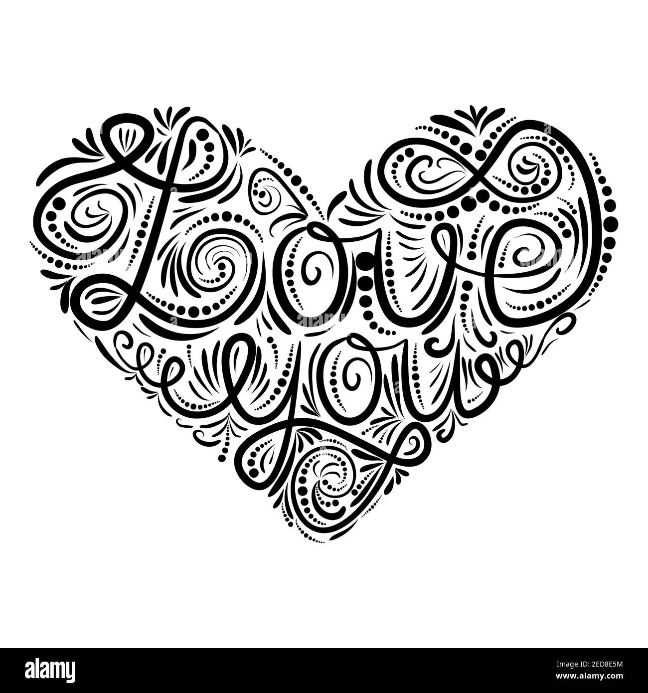 I love you. I heart you. Valentines day calligraphy card. Hand drawn