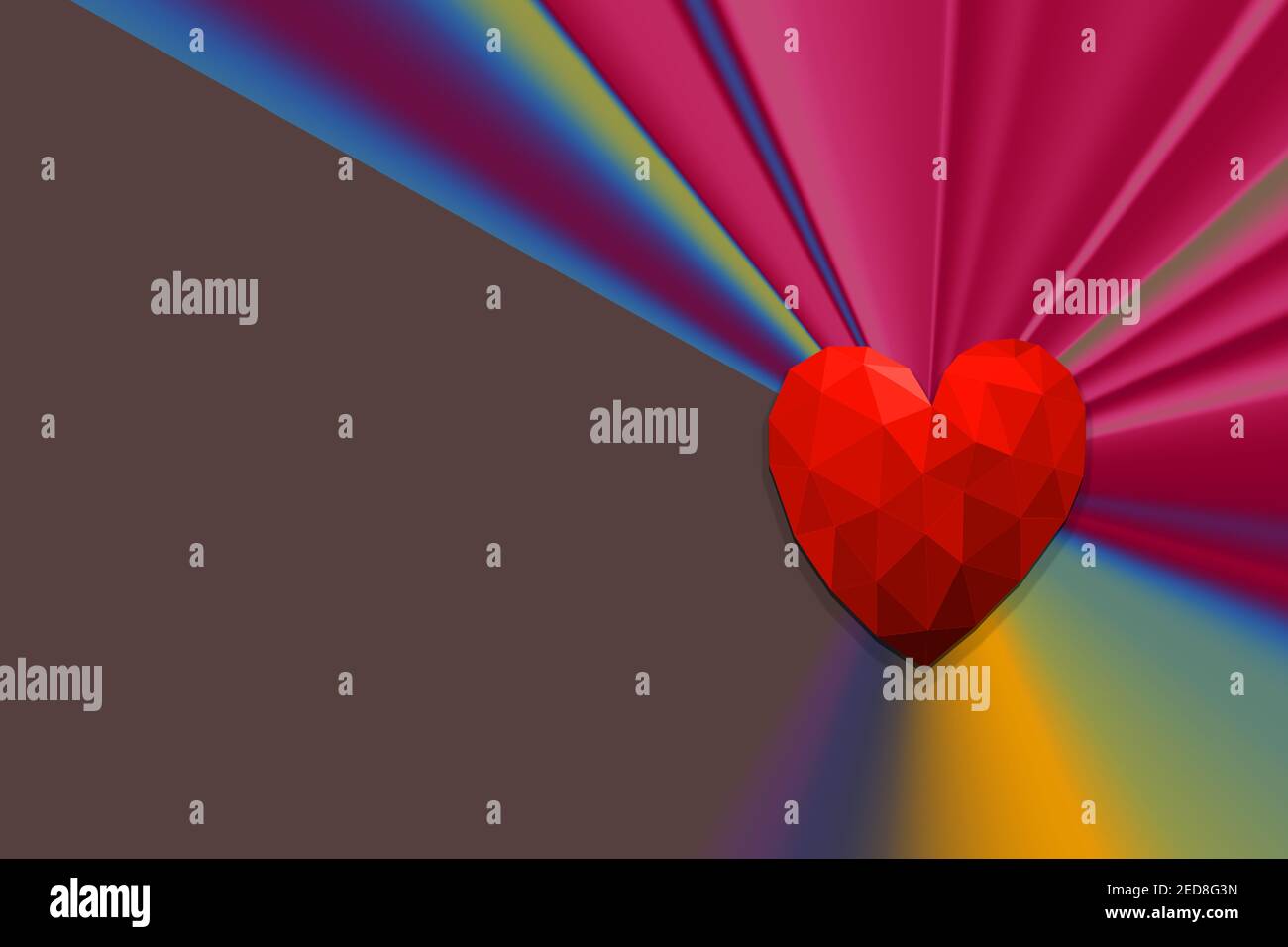 An illustration of colorful rays rising from a geometric red heart ...