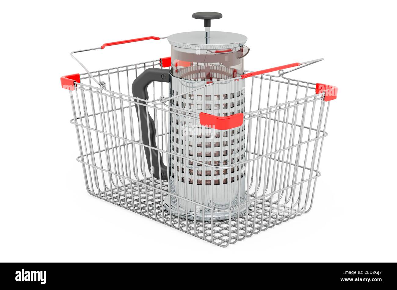 Shopping basket with coffee plunger, press pot. 3D rendering isolated