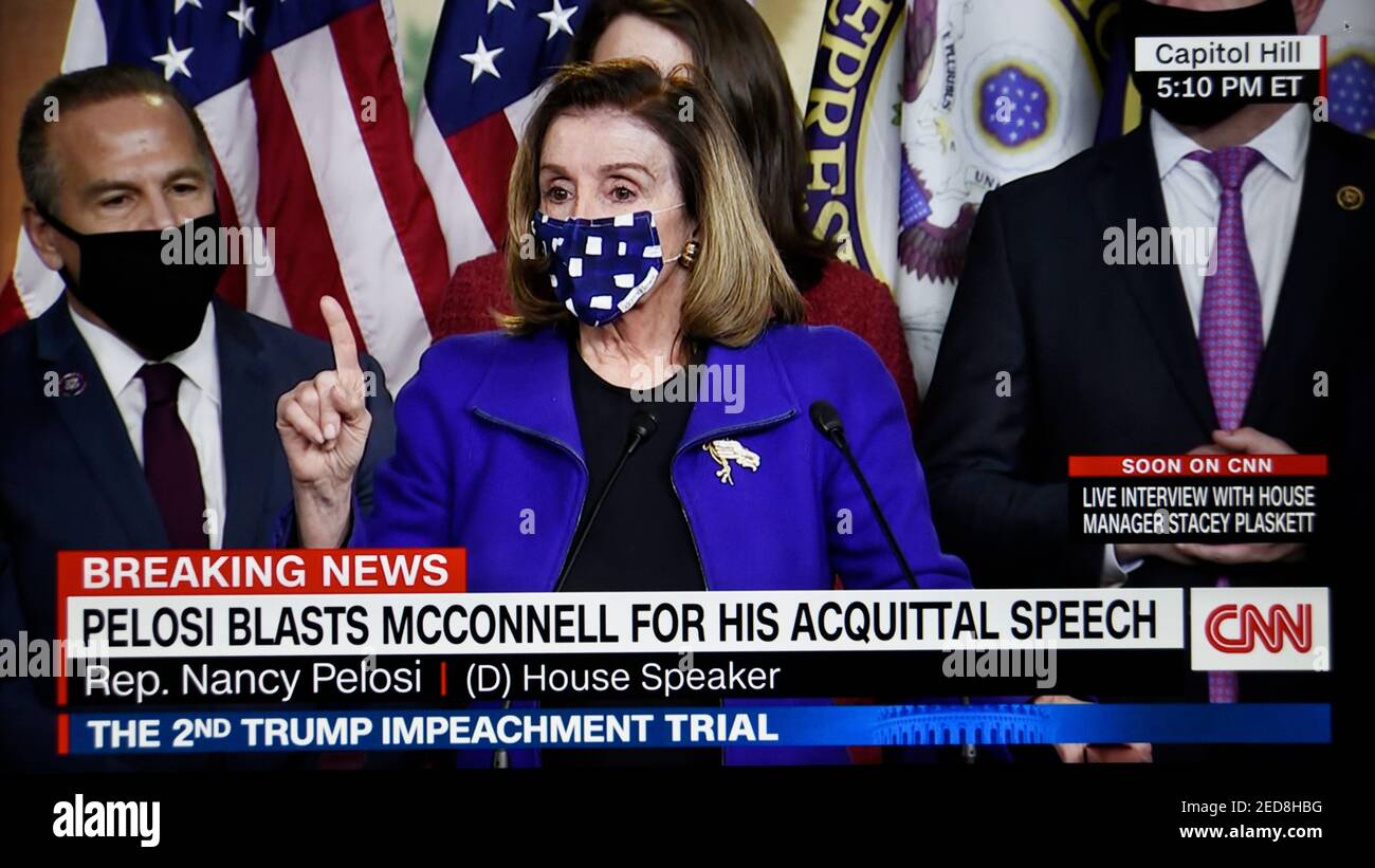 CNN-TV screen shot of U.S. Speaker of the House Nancy Pelosi blasting Mitch McConnnell for his speech following Donald Trump's impeachment acquittal. Stock Photo