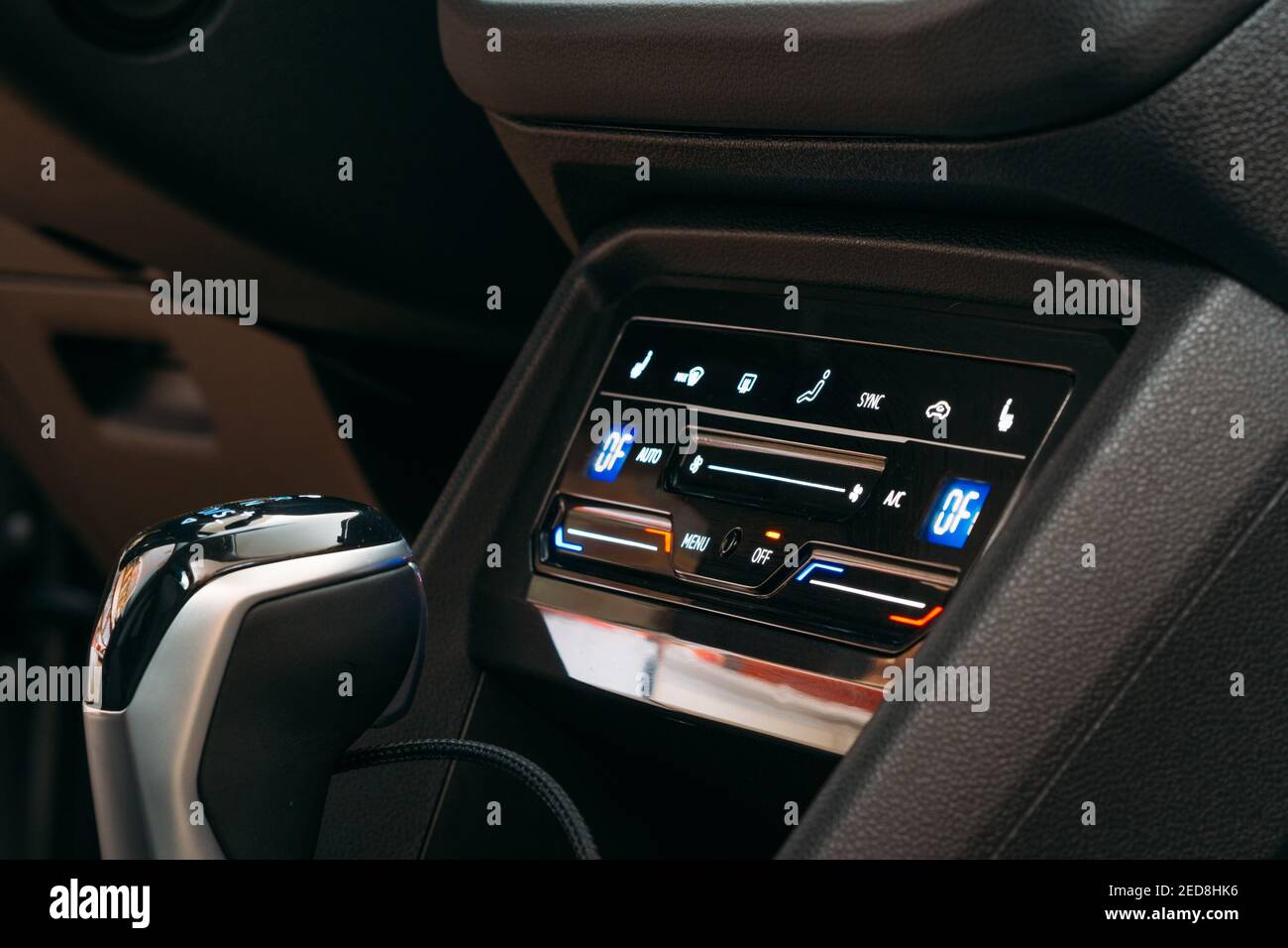 New modern sensor car climate control panel or console of air conditioner, sensor buttons, close up. Stock Photo
