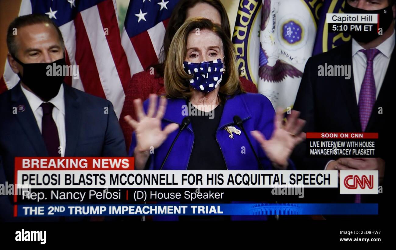 CNN-TV screen shot of U.S. Speaker of the House Nancy Pelosi blasting Mitch McConnnell for his speech following Donald Trump's impeachment acquittal. Stock Photo