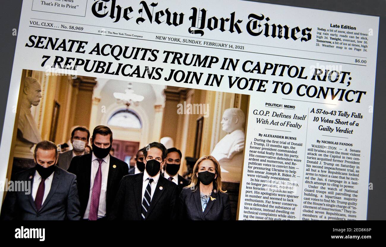 The front page headline of The New York Times the morning after the U.S. Senate voted to acquit former President Donald Trump at his impeachment trial Stock Photo