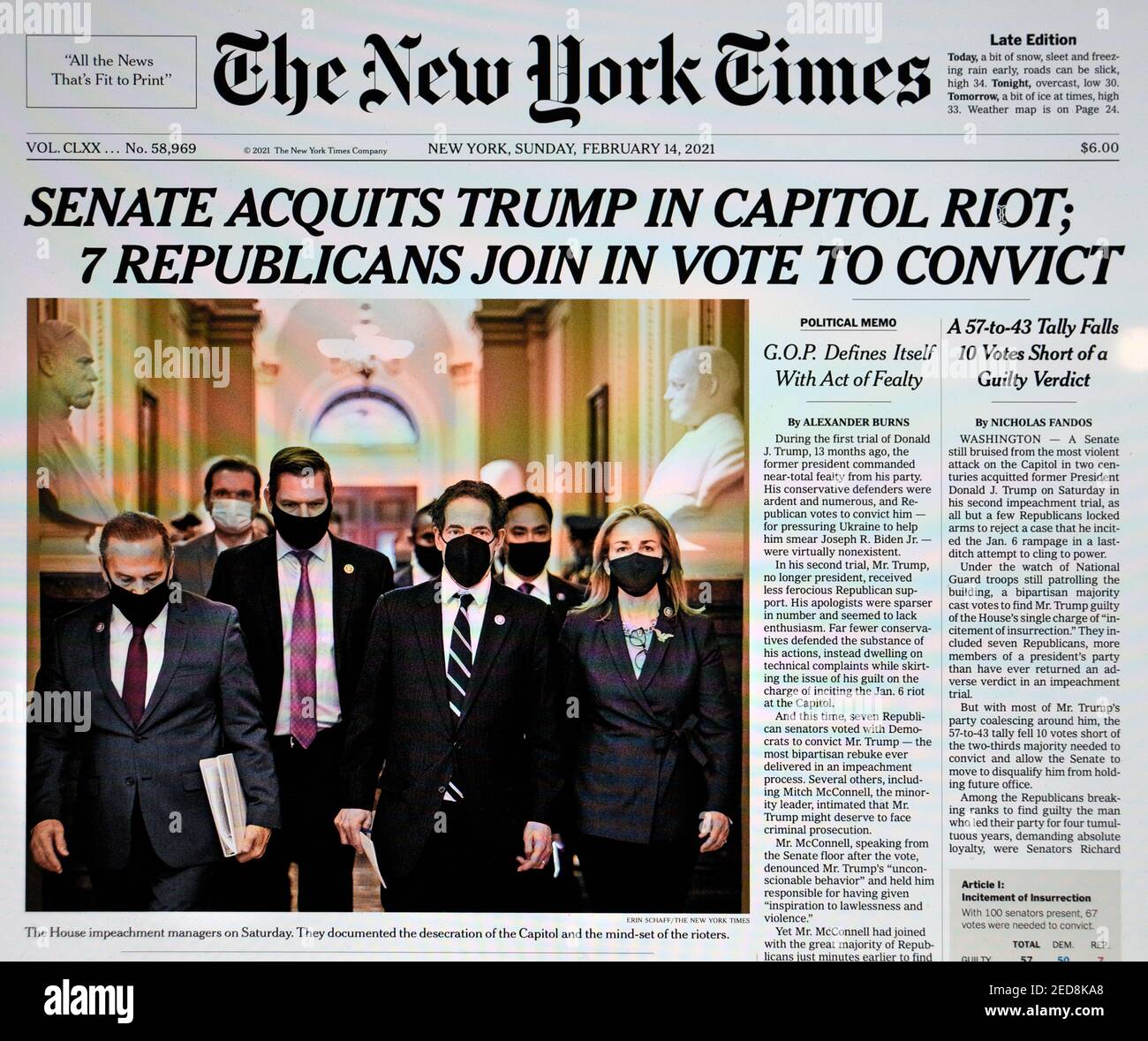 The front page headline of The New York Times the morning after the U.S. Senate voted to acquit former President Donald Trump at his impeachment trial Stock Photo