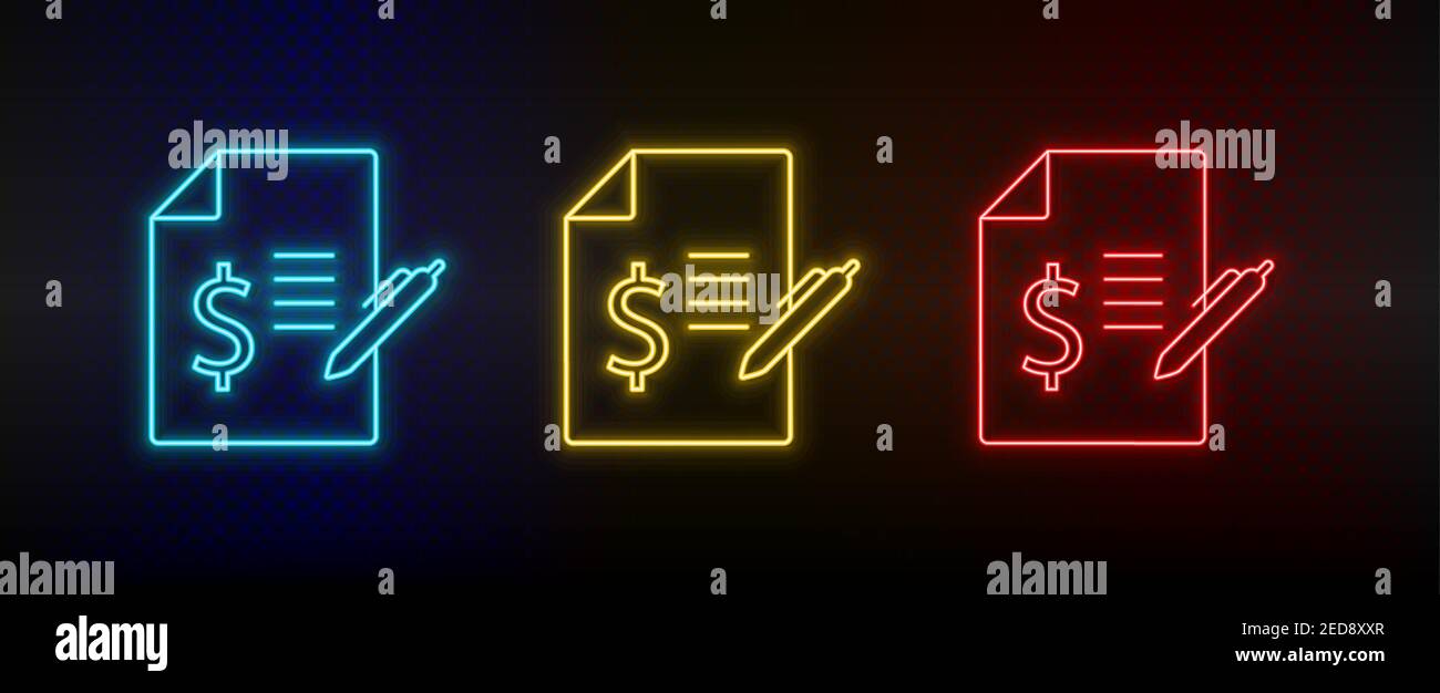 Neon icon set bill, contract. Set of red, blue, yellow neon vector icon Stock Vector