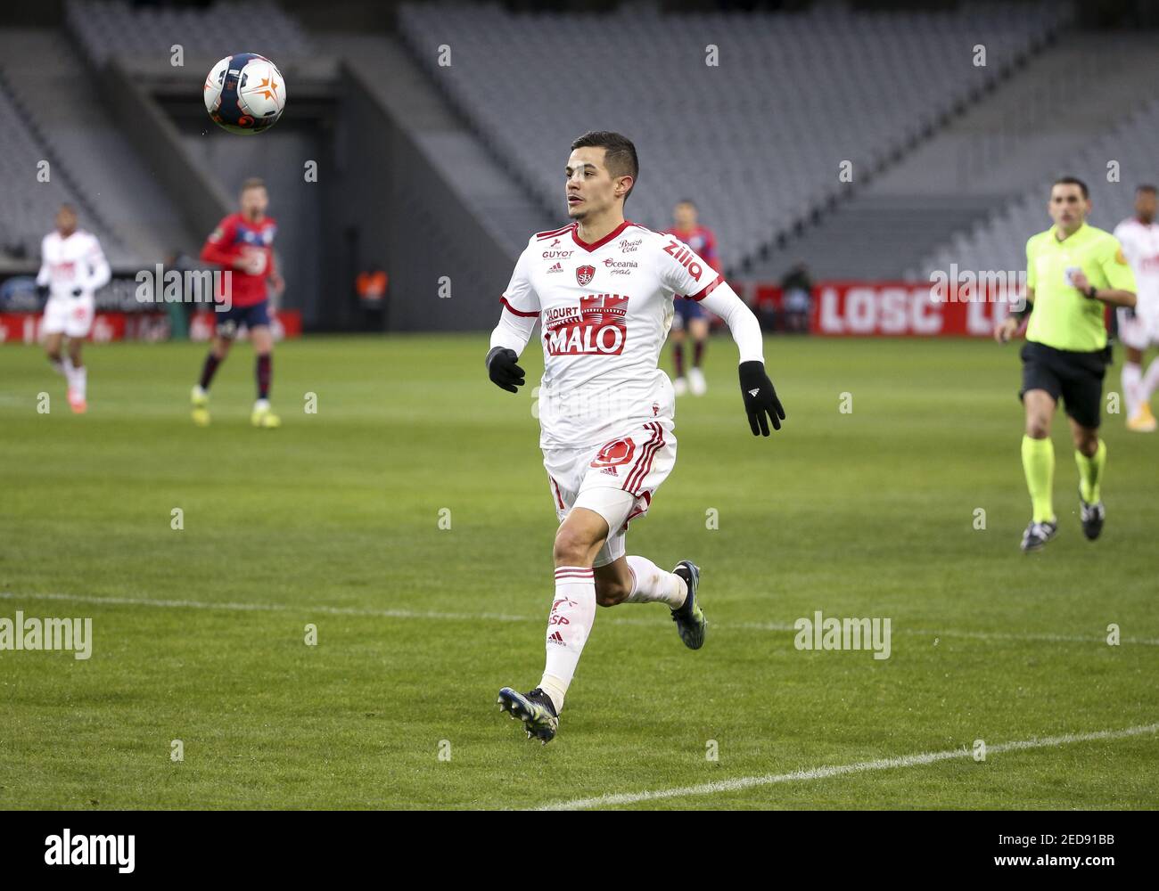 Romain Faivre of Brest during the French championship Ligue 1 football match between Lille OSC (LOSC) and Stade Brestois 29 (Brest) on February 14, 2021 at Stade Pierre Mauroy in Villeneuve-d&#039;Ascq near Lille, France - Photo Jean Catuffe / DPPI / LM Stock Photo