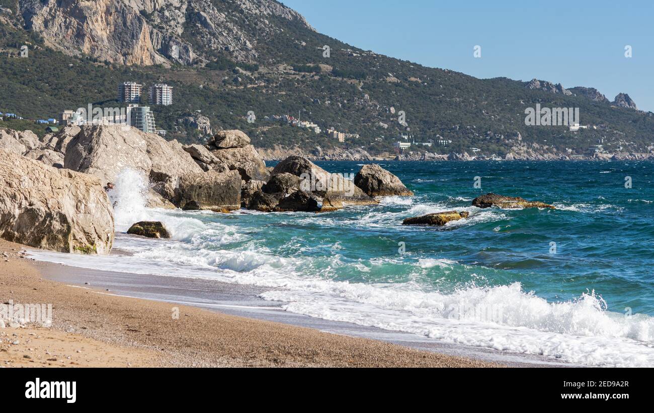 laspi bay and view of mount ilyas-kaya crimea october 07, 2018. Bright sunny Cloudless Day. View of the beach Batiliman. Clear turquoise sea water. Re Stock Photo