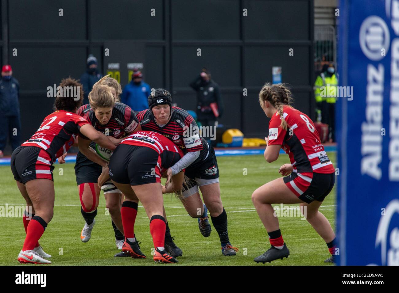London, UK. 14th Feb, 2021. Sophie De Goede (#4 Saracens Women) attacking during the Allianz Premier 15s game between Saracens Women and Gloucester Hartpury Women at StoneX Stadium in London, England. Credit: SPP Sport Press Photo. /Alamy Live News Stock Photo