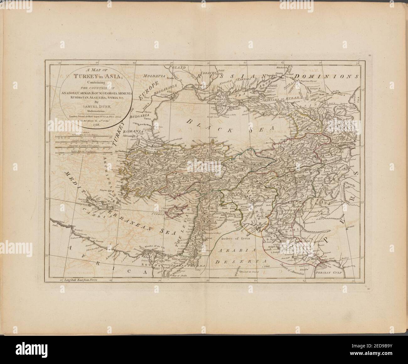 A map of Turkey in Asia, containing the countries of Anadoli, Carman, Roum, Georgia Armenia, Kurdistan, Algezira, Syria, &c Stock Photo