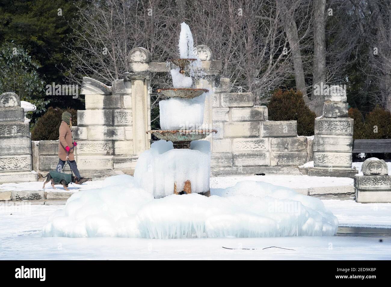 St. Louis, United States. 14th Feb, 2021. A woman walks her dog past the nearly frozen fountain in Tower Grove Park in St. Louis on Sunday, February 14, 2021. The high temperature for St. Louis is 7 degrees for the day. Photo by Bill Greenblatt/UPI Credit: UPI/Alamy Live News Stock Photo