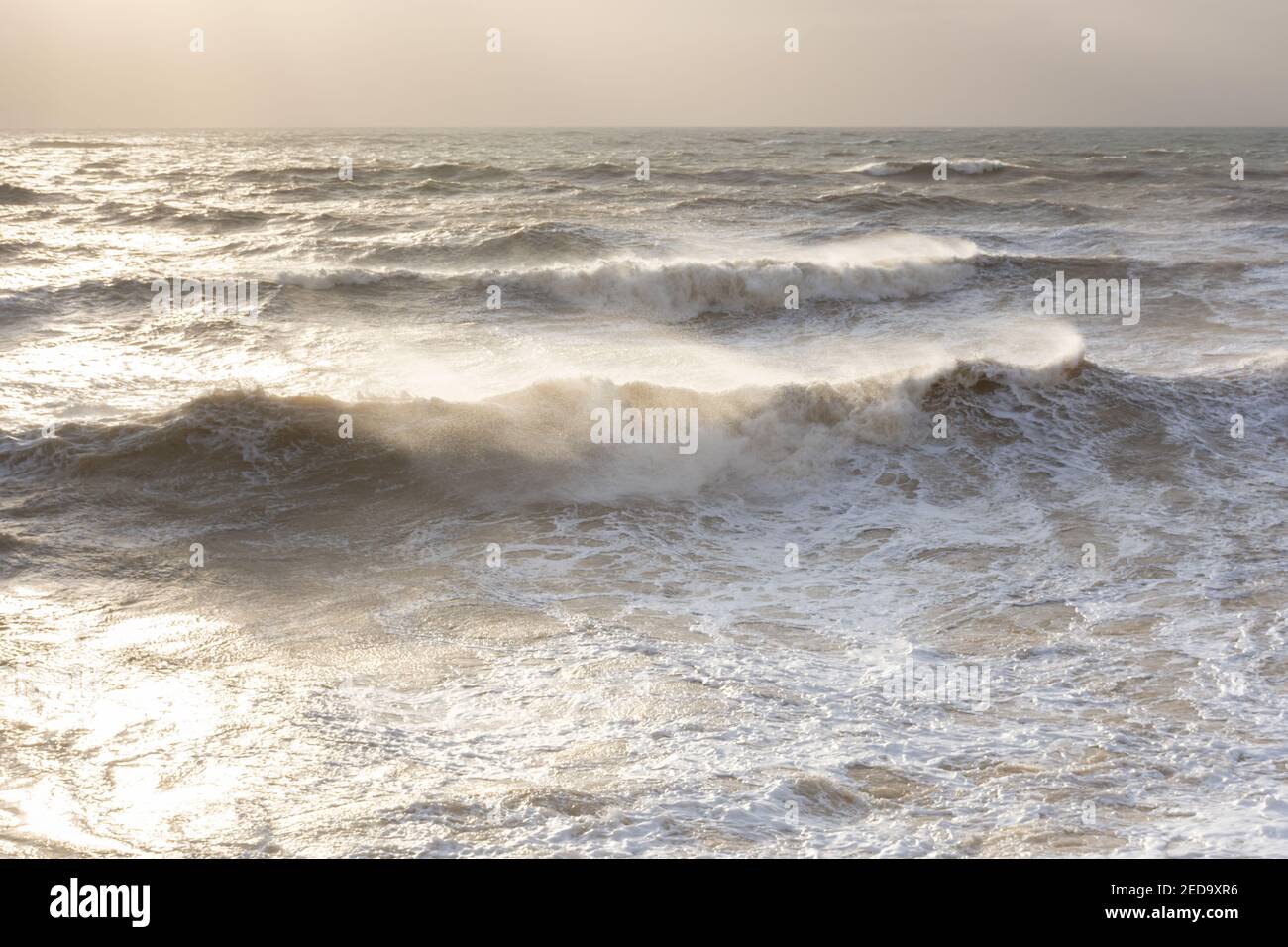 Storm sea sand beach is a neutral color. Natural background in beige shades. The raging elements, the majestic view of the sea surf. Foaming waves rol Stock Photo
