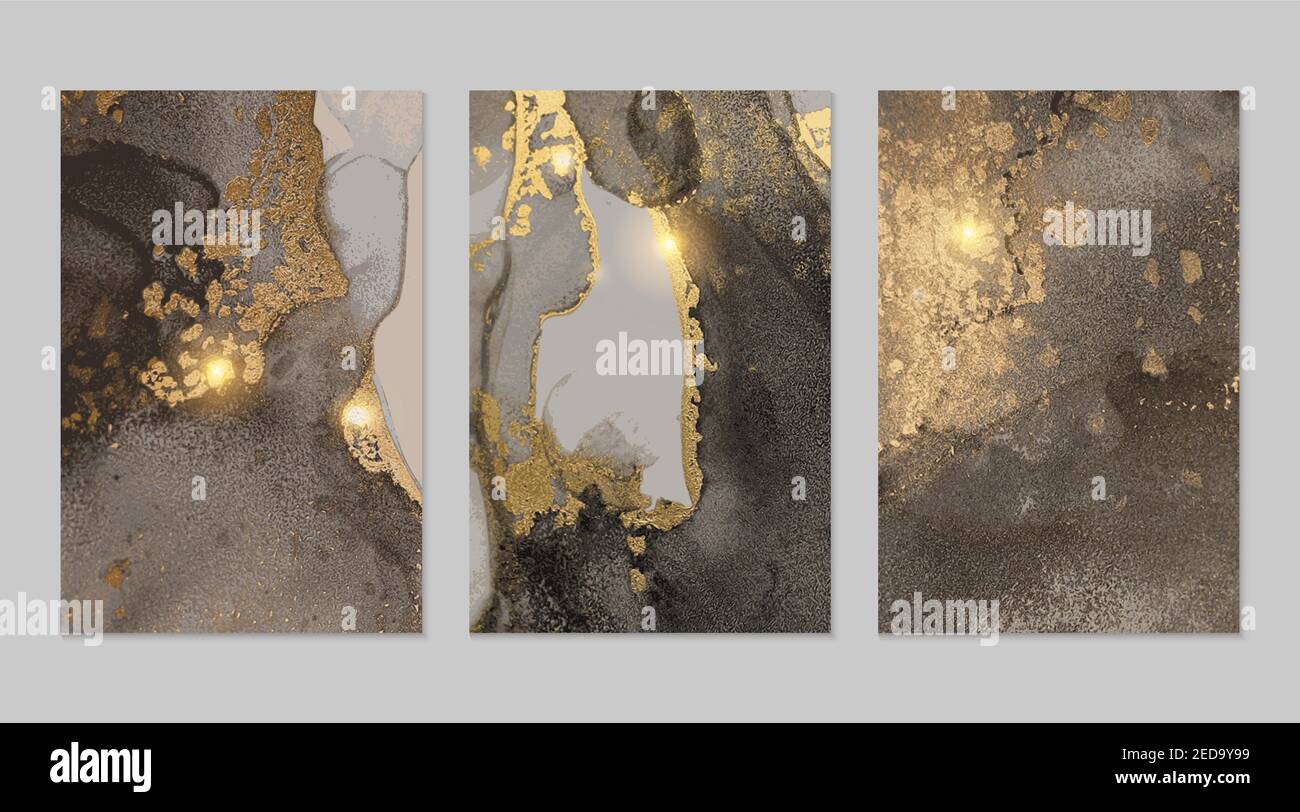 Sparkling grey and gold stone geode pattern. Alcohol ink technique ...