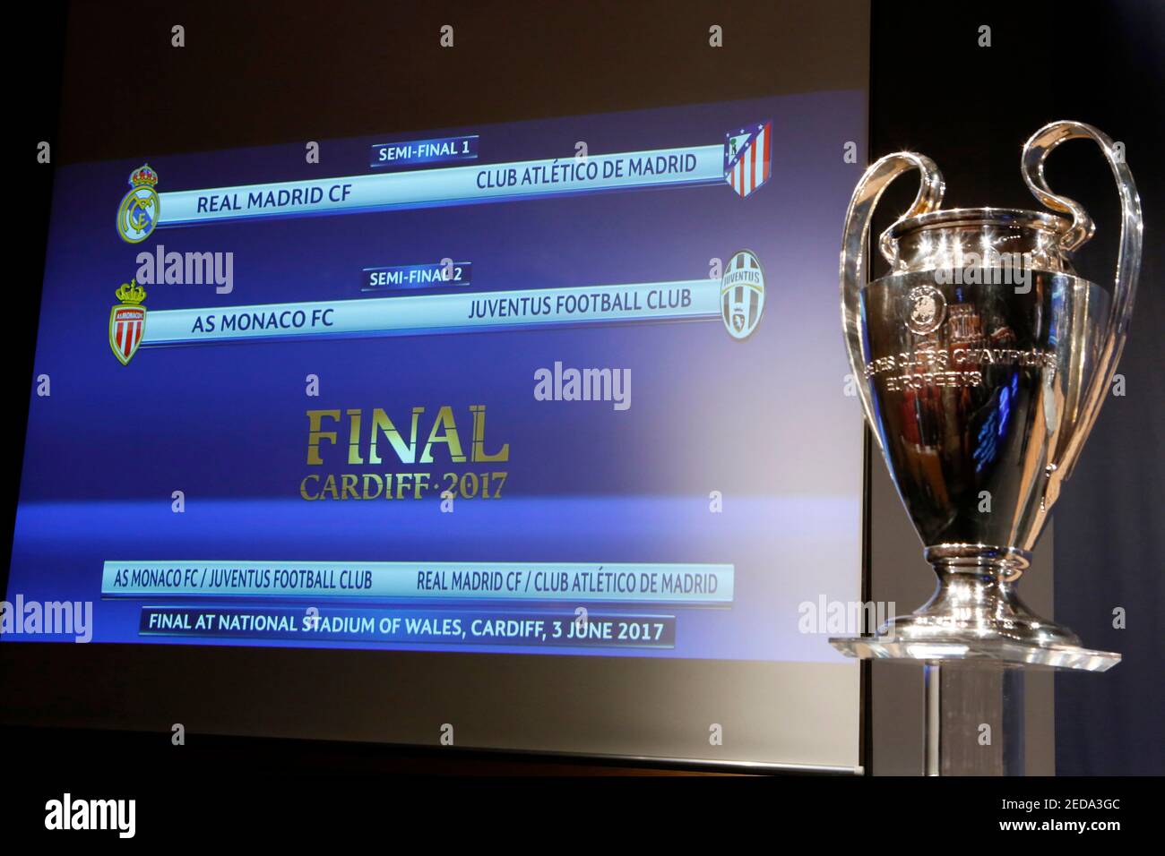 Football Soccer - UEFA Champions League Semi-Final Draw - Nyon, Switzerland  - 21/4/17 A screen displaying the order after the draw of the UEFA  Champions League semi-finals Reuters / Pierre Albouy Livepic