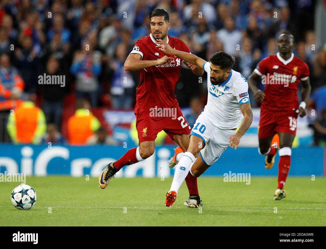 Soccer Football - Champions League - Playoffs - Liverpool vs TSG 1899  Hoffenheim - Liverpool, Britain - August 23, 2017 Liverpool's Emre Can in  action with Hoffenheim's Kerem Demirbay REUTERS/Phil Noble Stock Photo -  Alamy