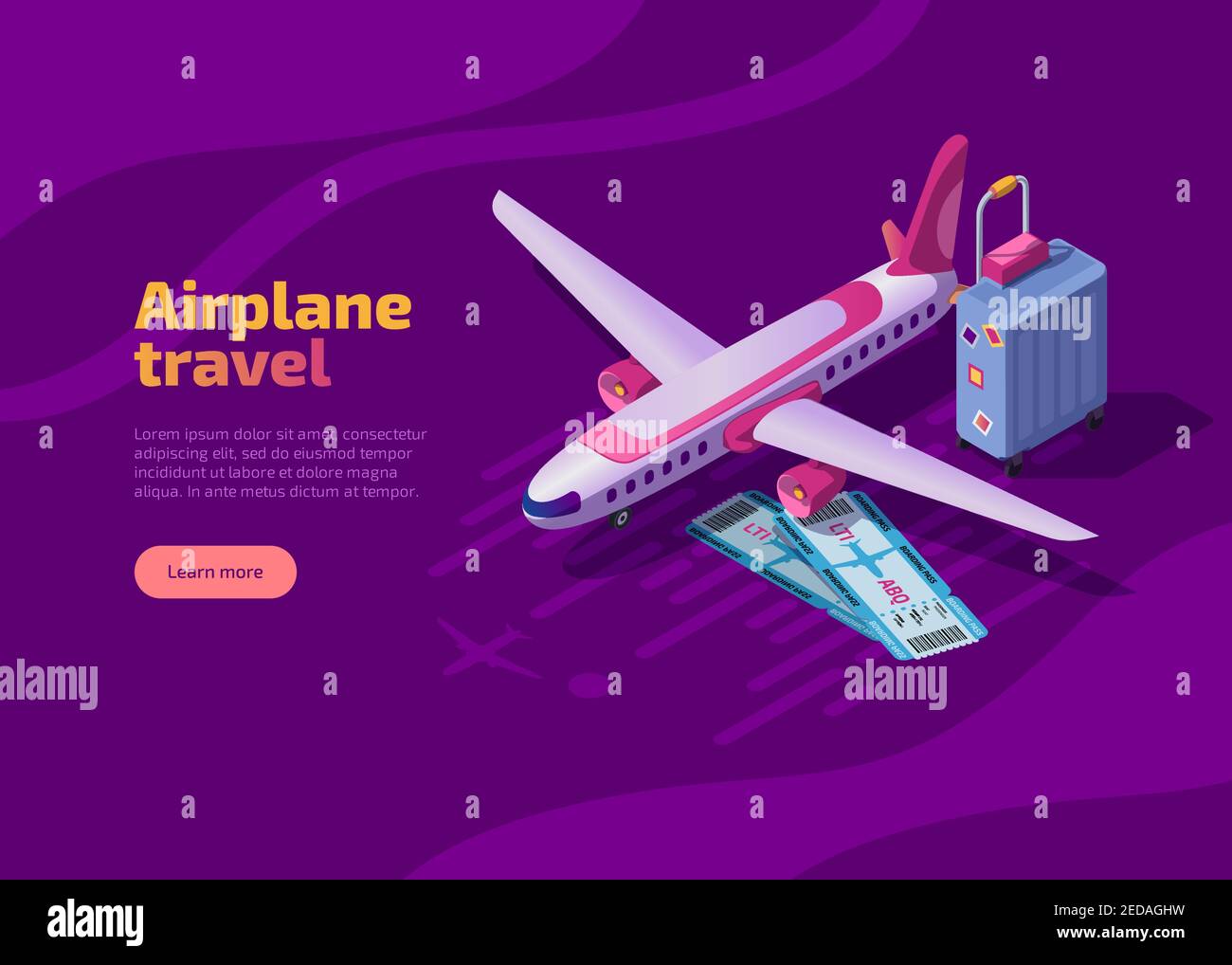 Airplane travel isometric landing page with plane on runway, airline