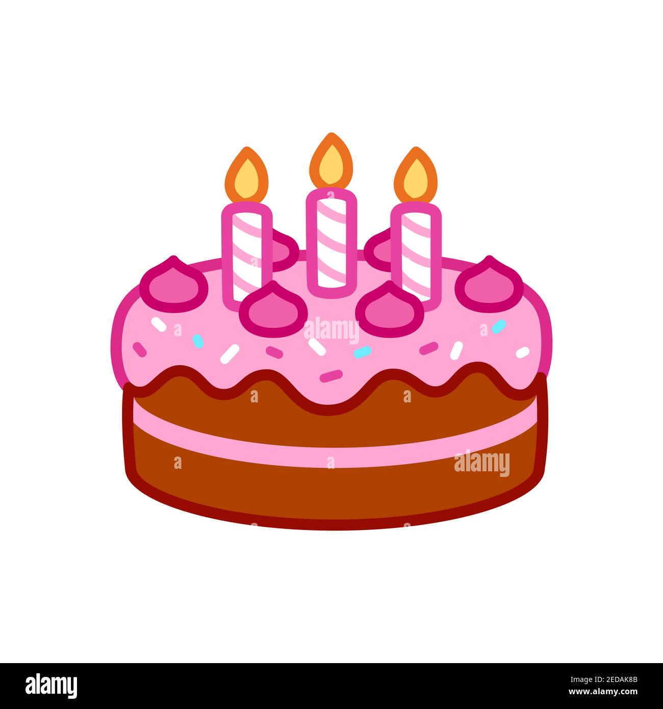 Birthday cake icon with candles, pink frosting and sprinkles. Simple cartoon doodle, isolated vector clip art illustration. Stock Vector