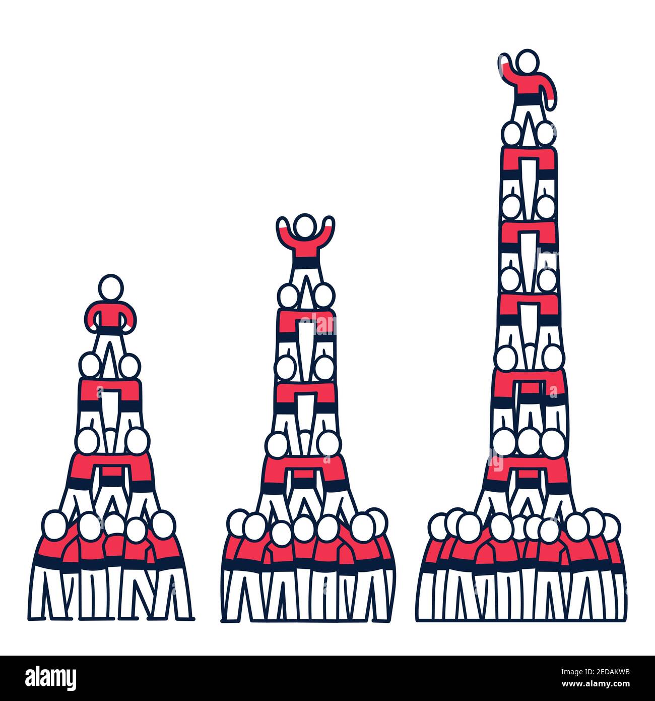 Castell drawing, human tower traditional in Catalonia. Simple cartoon people building pyramid, 3 heights. Isolated vector clip art illustration. Stock Vector