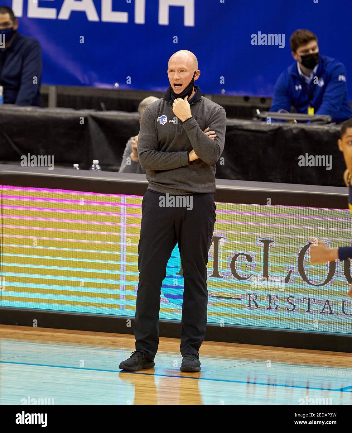 Newark, New Jersey, USA. 14th Feb, 2021. Seton Hall Pirates head coach Kevin Willard at the Prudential Center in Newark, New Jersey against Marquette. Seton defeated Marquette 57-51. Duncan Williams/CSM/Alamy Live News Stock Photo