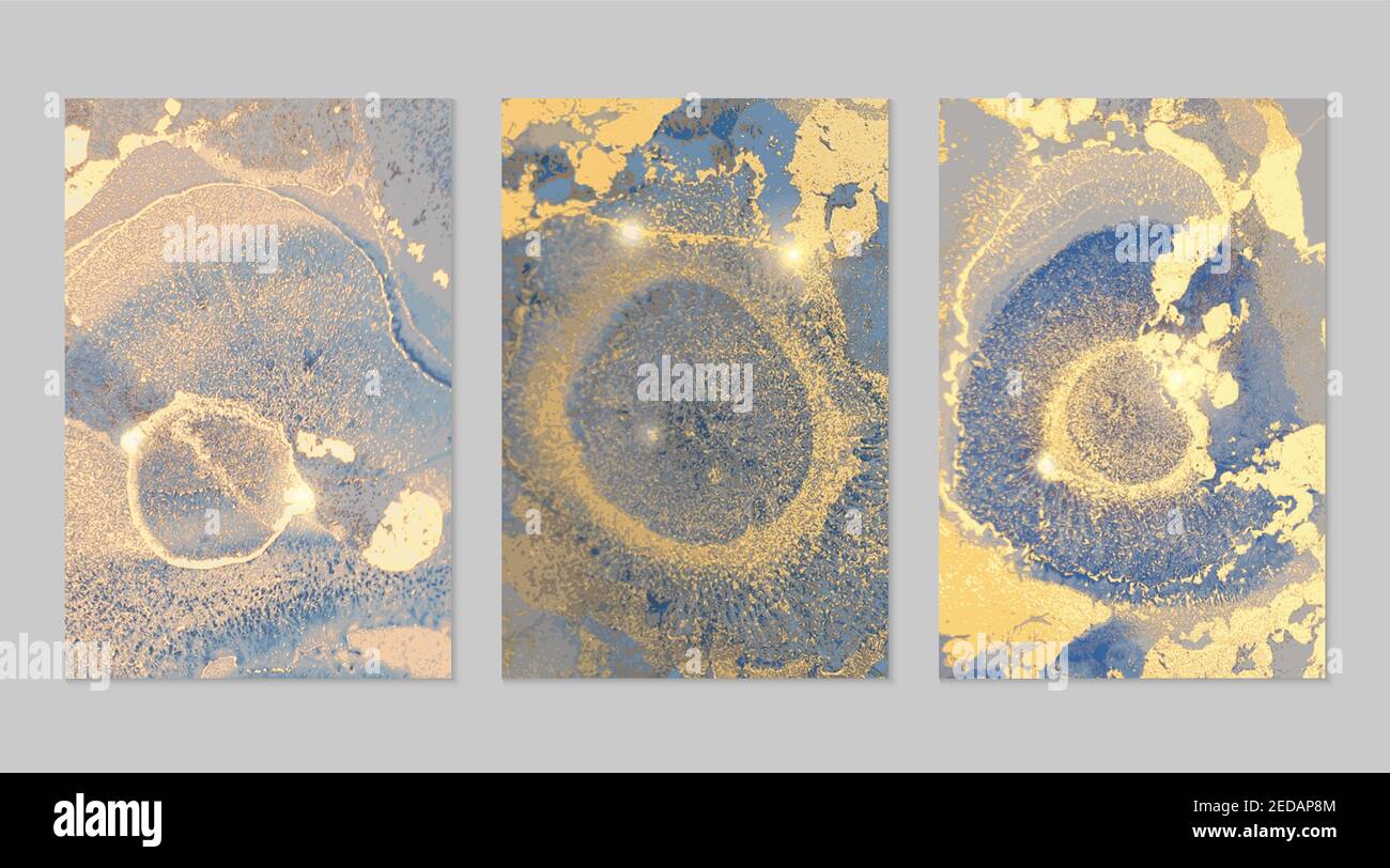 Sparkling blue and gold stone geode pattern. Alcohol ink technique ...