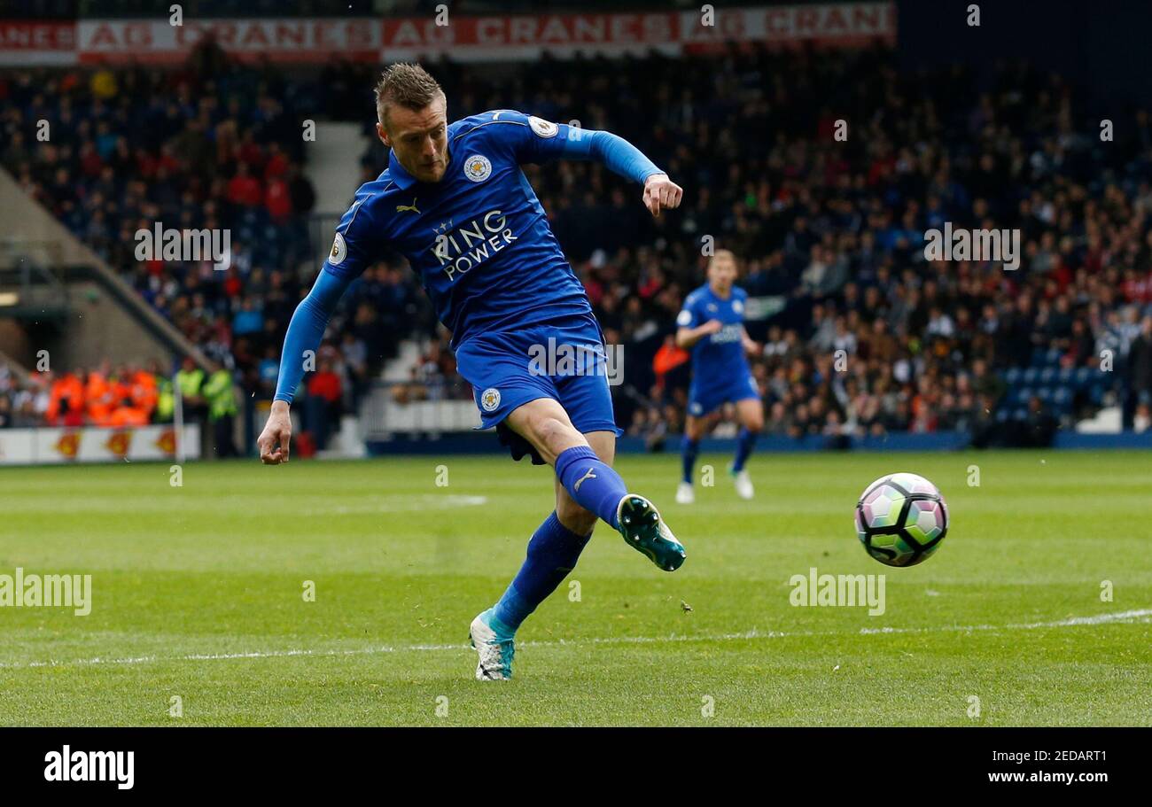 Britain Football Soccer - West Bromwich Albion v Leicester City - Premier League - The Hawthorns - 29/4/17 Leicester City's Jamie Vardy scores their first goal  Action Images via Reuters / Andrew Boyers Livepic EDITORIAL USE ONLY. No use with unauthorized audio, video, data, fixture lists, club/league logos or 'live' services. Online in-match use limited to 45 images, no video emulation. No use in betting, games or single club/league/player publications.  Please contact your account representative for further details. Stock Photo
