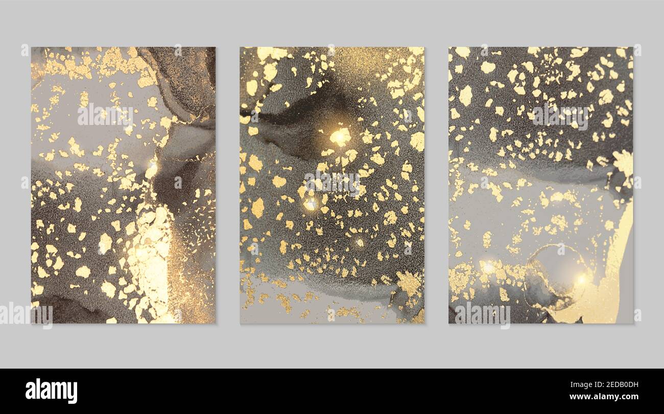 Sparkling grey and gold stone geode pattern. Alcohol ink technique ...