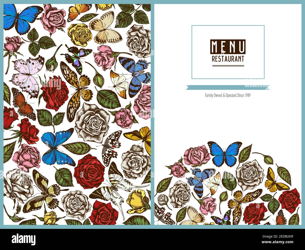 Menu cover floral design with colored menelaus blue morpho, lemon butterfly, red lacewing, african giant swallowtail, alcides agathyrsus, wallace's Stock Vector