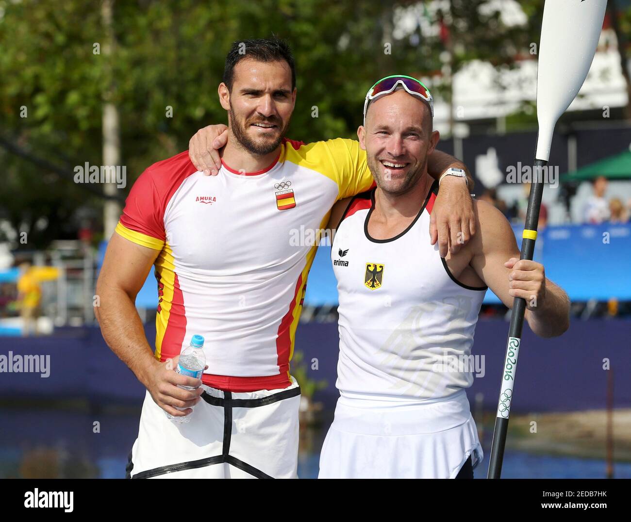 2016 Rio Olympics - Canoe Sprint - Final - Men's Kayak Single (K1) 200m - Final A/B - Lagoa Stadium - Rio de Janeiro, Brazil - 20/08/2016. Saul Craviotto (ESP) of Spain and Ronald Rauhe (GER) of Germany celebrate winning bronze after the K-1 200m final. REUTERS/Murad Sezer  FOR EDITORIAL USE ONLY. NOT FOR SALE FOR MARKETING OR ADVERTISING CAMPAIGNS.   Picture Supplied by Action Images Stock Photo